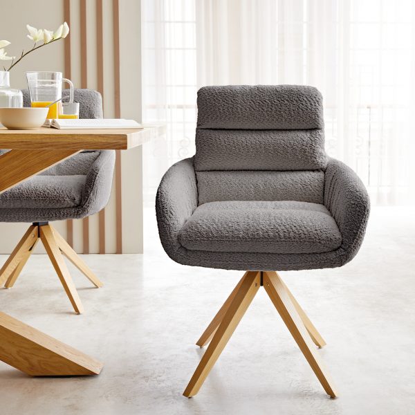 Otočná židle Abelia-Flex s područkami Bouclé Grey Dřevěný rám otočný o 180°