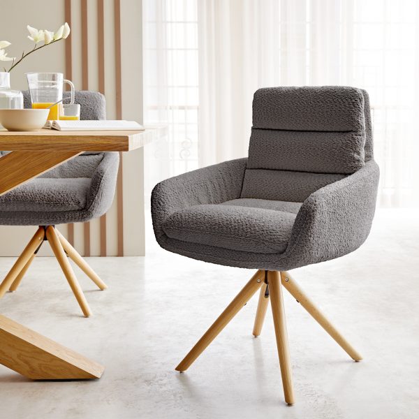 Otočná židle Abelia-Flex s područkami Bouclé Grey Dřevěný rám Kónický otočný o 180°