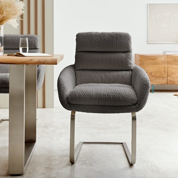Otočná židle Abelia-Flex s područkami Bouclé Grey Cantilever Flat Stainless Steel