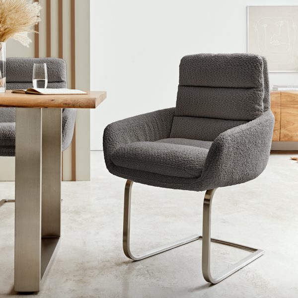 Otočná židle Abelia-Flex s područkami Bouclé Grey Cantilever Flat Stainless Steel