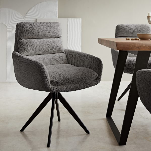 Otočná židle Abelia-Flex s područkami Bouclé Grey Cross Frame Edged Black 180° Swivel