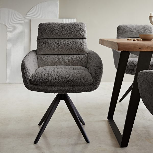 Otočná židle Abelia-Flex s područkami Bouclé Grey Cross Frame Edged Black 180° Swivel