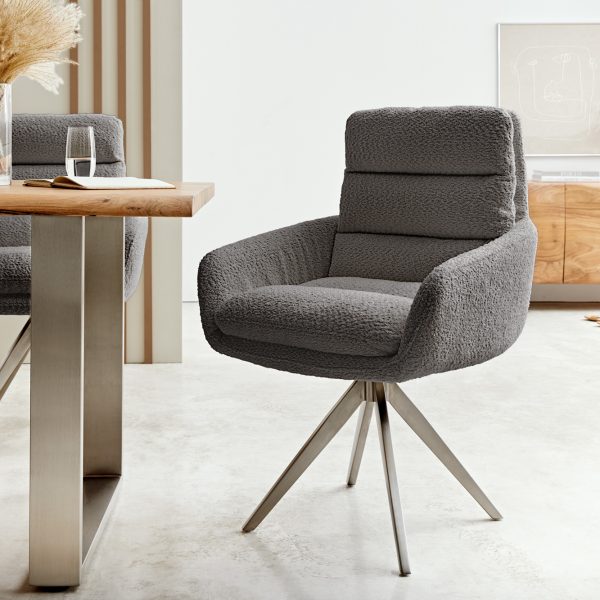 Otočná židle Abelia-Flex s područkami Bouclé Grey Křížový rám z nerezové oceli hranatý otočný o 180°