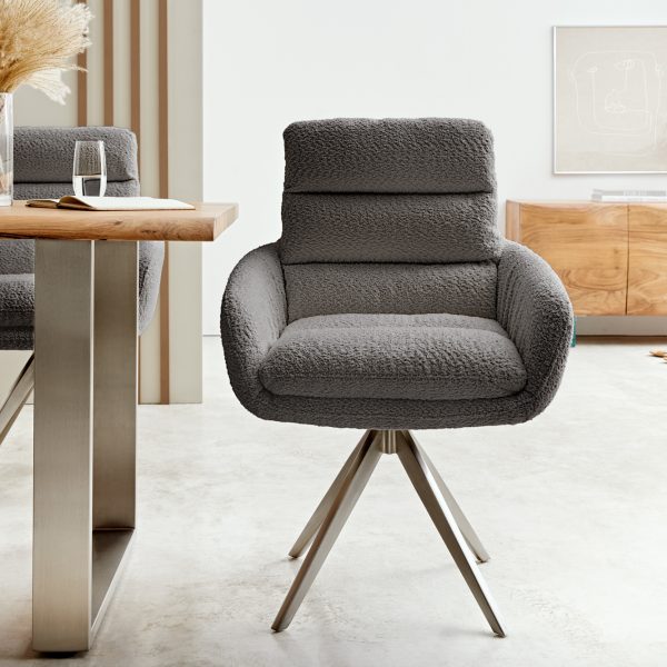 Otočná židle Abelia-Flex s područkami Bouclé Grey Křížový rám z nerezové oceli hranatý otočný o 180°