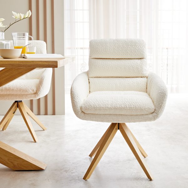 Otočná židle Abelia-Flex s područkami Bouclé Bílý dřevěný rám úhlový 180° otočný