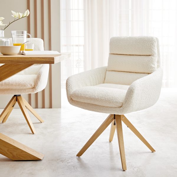 Otočná židle Abelia-Flex s područkami Bouclé Bílý dřevěný rám úhlový 180° otočný