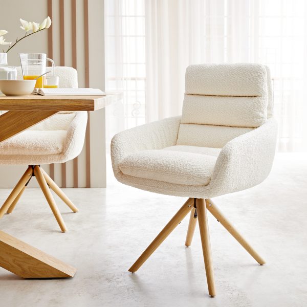 Otočná židle Abelia-Flex s područkami Bouclé White Wooden Frame Conical 180° Swivel
