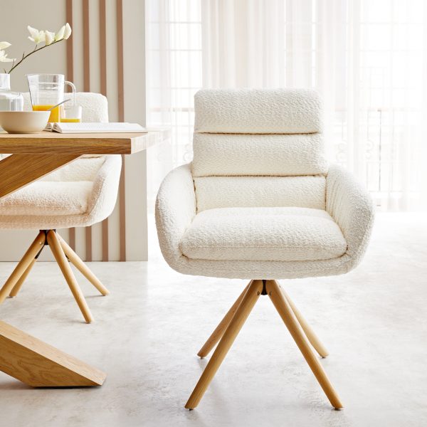 Otočná židle Abelia-Flex s područkami Bouclé White Wooden Frame Conical 180° Swivel