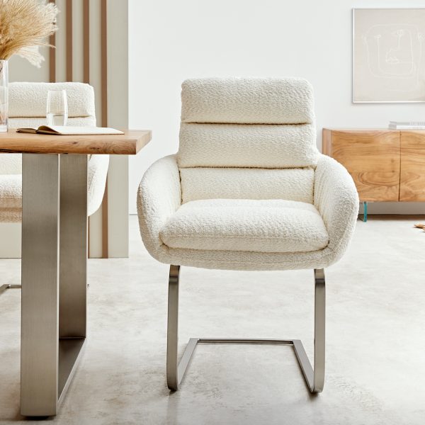Otočná židle Abelia-Flex s područkami Bouclé White Cantilever Flat Stainless Steel