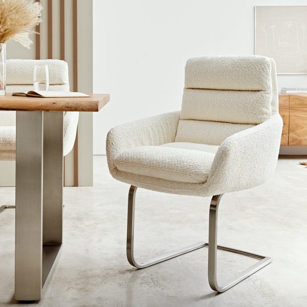 Otočná židle Abelia-Flex s područkami Bouclé White Cantilever Flat Stainless Steel