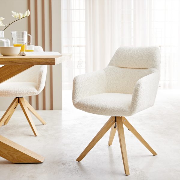 Otočná židle Pejo-Flex s područkami Bouclé Bílý dřevěný rám úhlový 180° otočný