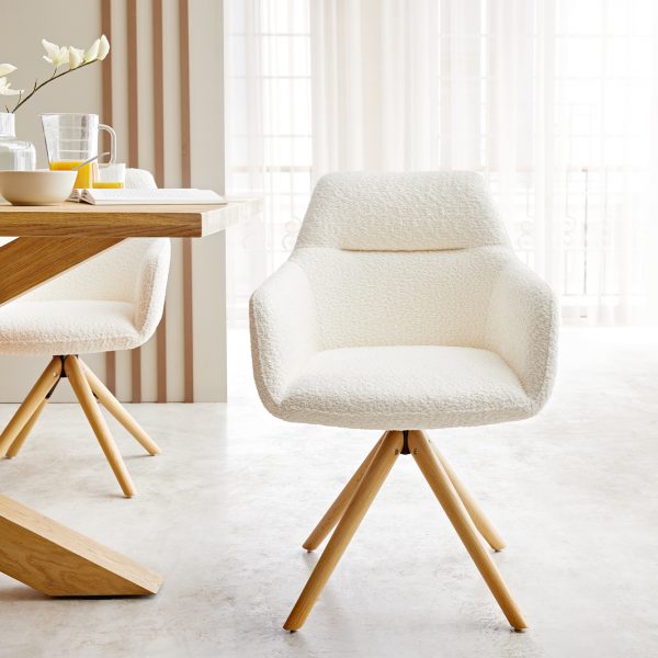 Otočná židle Pejo-Flex s područkami Bouclé White Wooden Frame Conical 180° Swivel