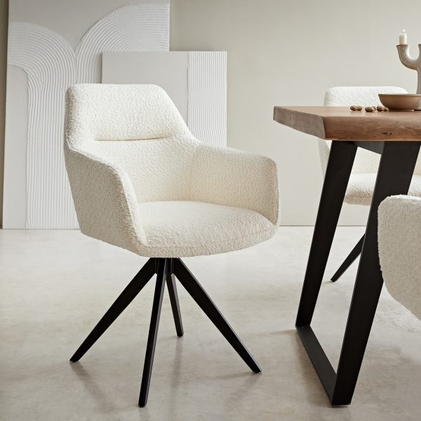Otočná židle Pejo-Flex s područkami Bouclé White Křížový rám hranatý Black 180° otočná
