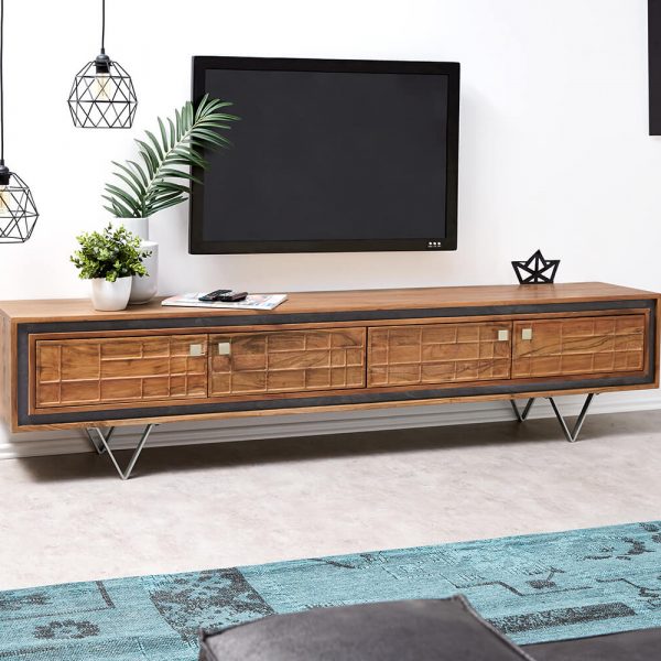 TV stolek Stonegrace 200 cm přírodní akácie 3D 4 dvířka
