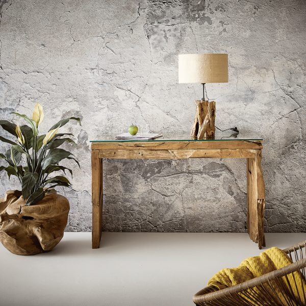 Konzolový stolek Ramiro 120×40 cm přírodní teak se skleněným povrchem