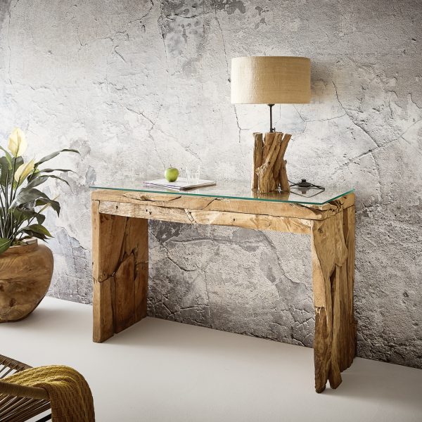 Konzolový stolek Ramiro 120×40 cm přírodní teak se skleněným povrchem