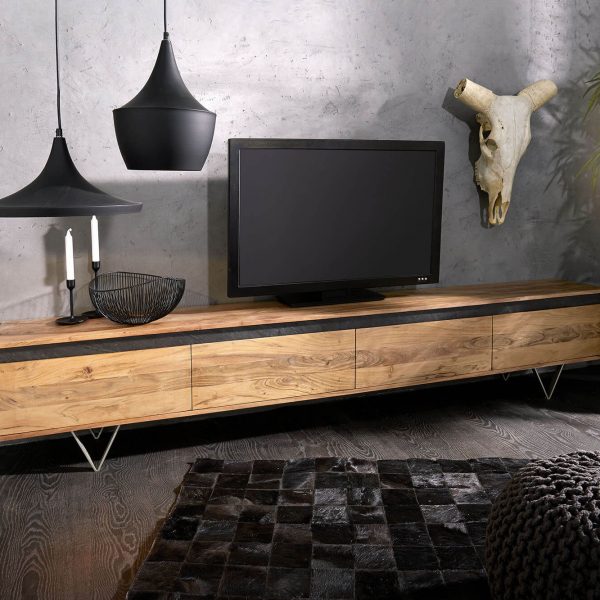 TV stolek Stonegrace 240 cm přírodní akácie kamenná dýha 4 dvířka