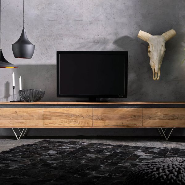 TV stolek Stonegrace 240 cm přírodní akácie kamenná dýha 4 dvířka