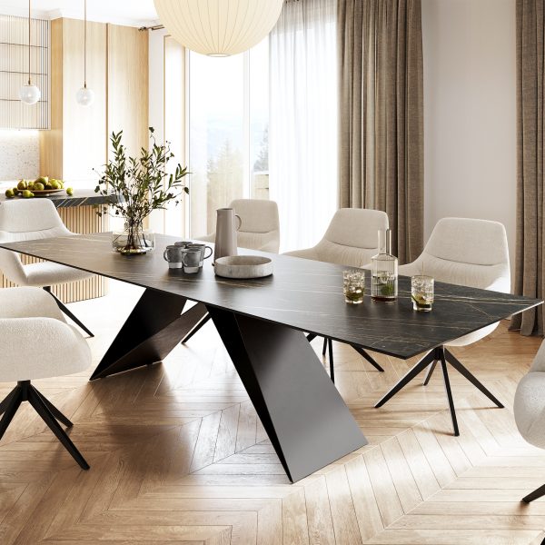 Jídelní stůl Edge 300x100cm Laminam® keramika hnědá podnož ve tvaru “V” černá