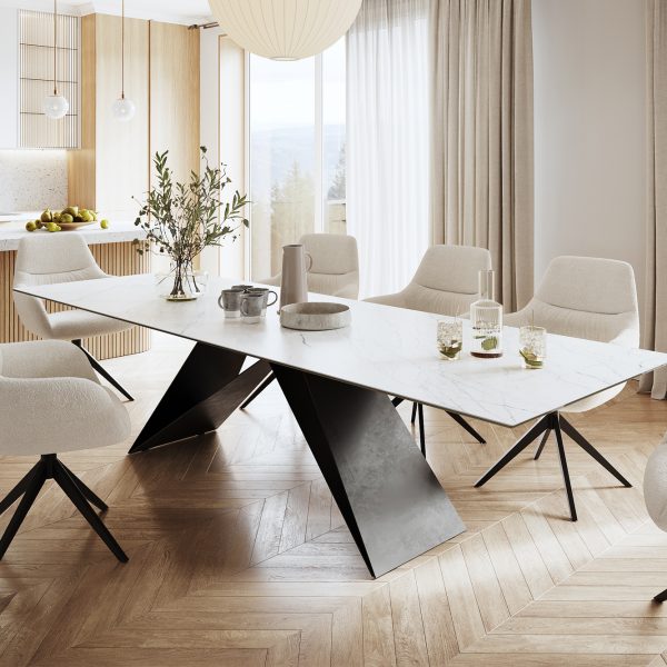 Jídelní stůl Edge 300x100cm Laminam® keramika bílá podnož ve tvaru “V” černá