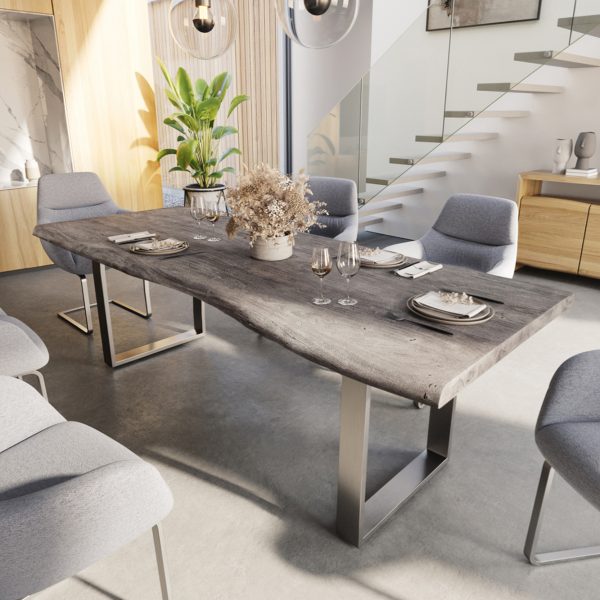 Jídelní stůl Edge 240x100cm XL platinová akácie nerezová ocel úzká