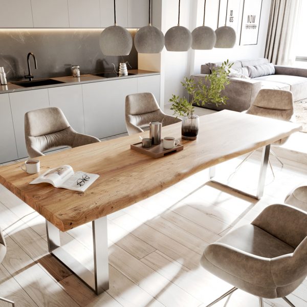Jídelní stůl Edge 280x100cm XL přírodní akácie nerezová ocel úzká