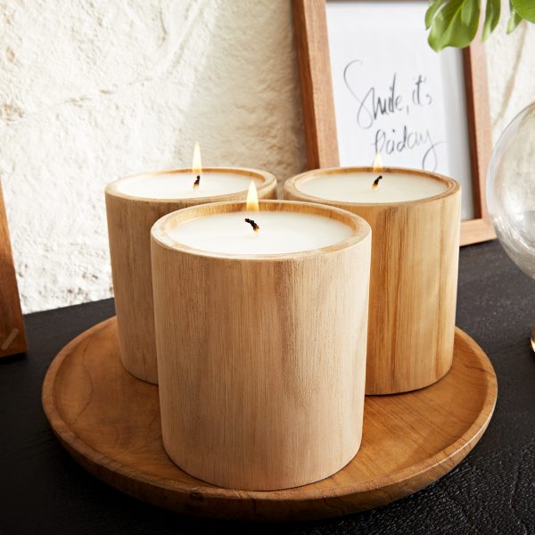 Svíčka v dřevěné misce Elfine 8×8 cm přírodní teak (sada 3 kusů)