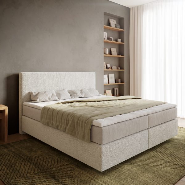 Postel Boxspring Dream-Well bouclé krémovo-bílá 180×200 cm s pružinovou matrací a visco topperem