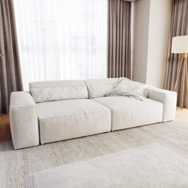 Velká pohovka Sirpio XL 270×125 cm bouclé smetanově bílá s taburetem