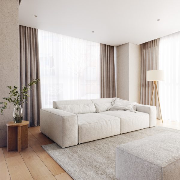 Velká pohovka Sirpio XL 270×125 cm bouclé smetanově bílá s taburetem