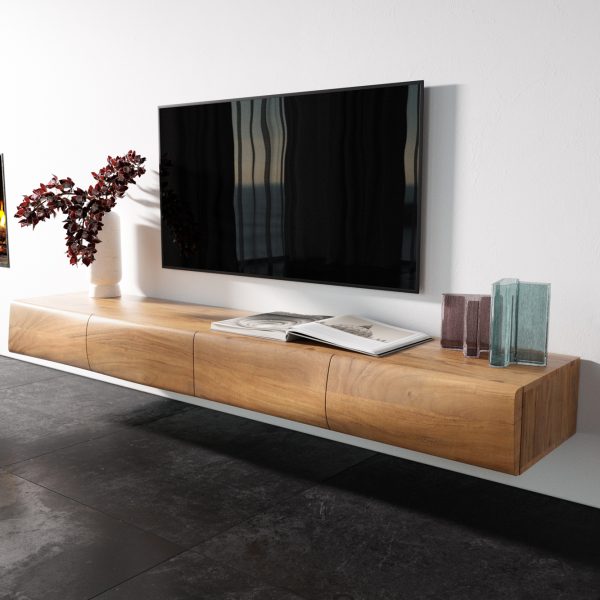 TV stolek New Live-Edge 200 cm přírodní akácie 4 dvířka závěsný