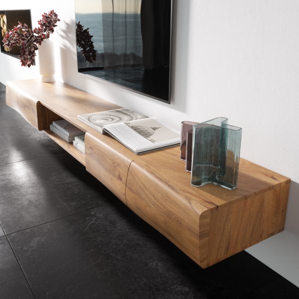 TV stolek New Live-Edge 240 cm přírodní akácie 4 dvířka 1 přihrádka závěsný