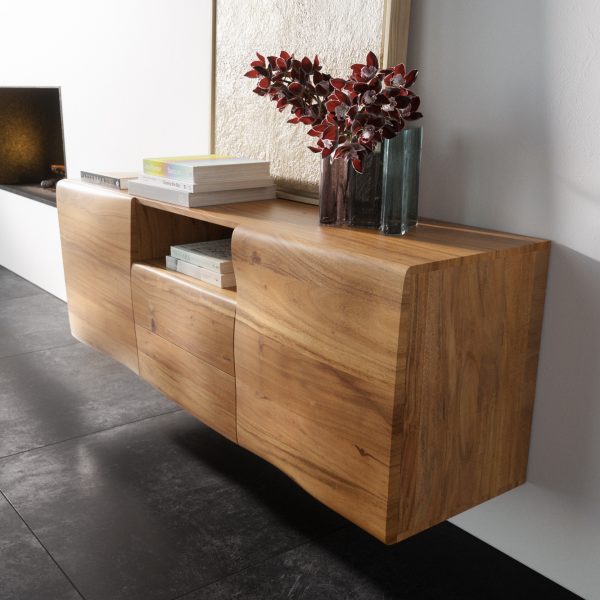 Příborník New Live Edge 145 cm přírodní akácie 2 dvířka 2 šuplíky 1 přihrádka závěsný