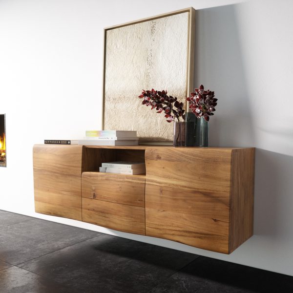 Příborník New Live Edge 145 cm přírodní akácie 2 dvířka 2 šuplíky 1 přihrádka závěsný