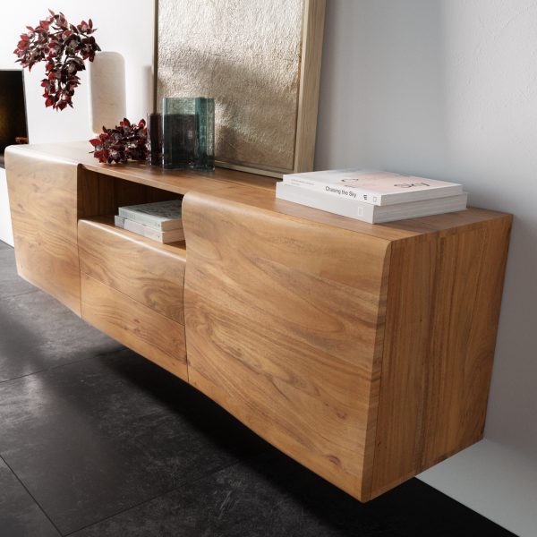 Příborník New Live Edge 175 cm přírodní akácie 2 dvířka 2 šuplíky 1 přihrádka závěsný