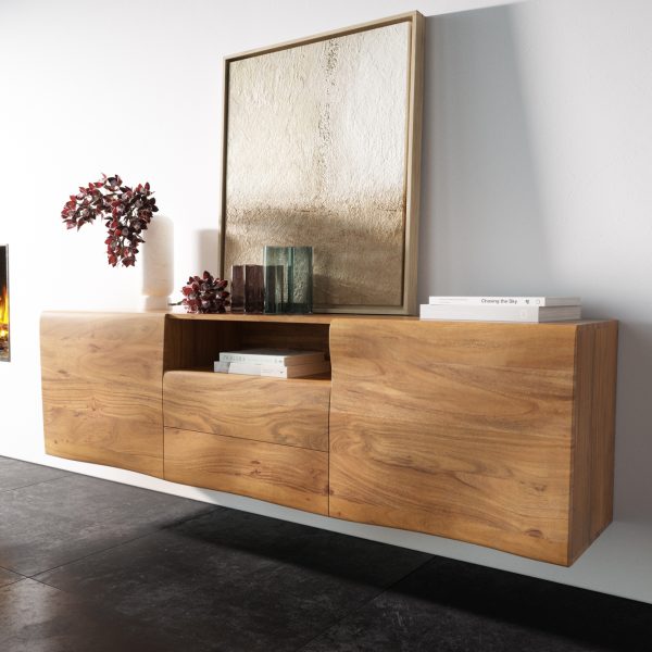 Příborník New Live Edge 175 cm přírodní akácie 2 dvířka 2 šuplíky 1 přihrádka závěsný