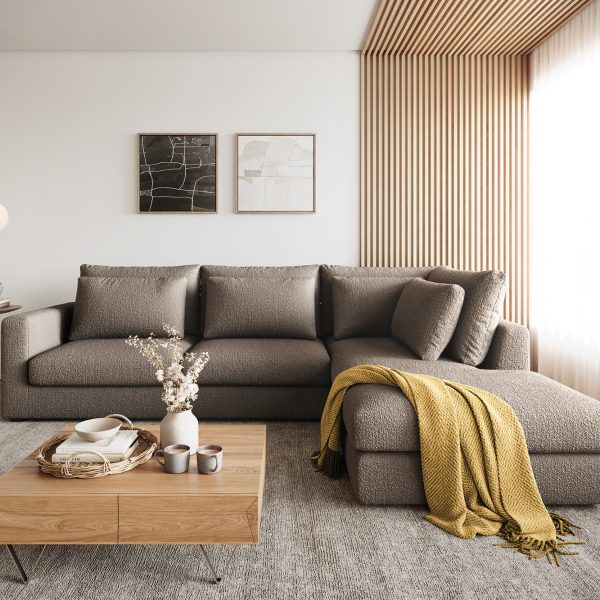 Rohová pohovka Isla 330×225 cm bouclé taupe pravá