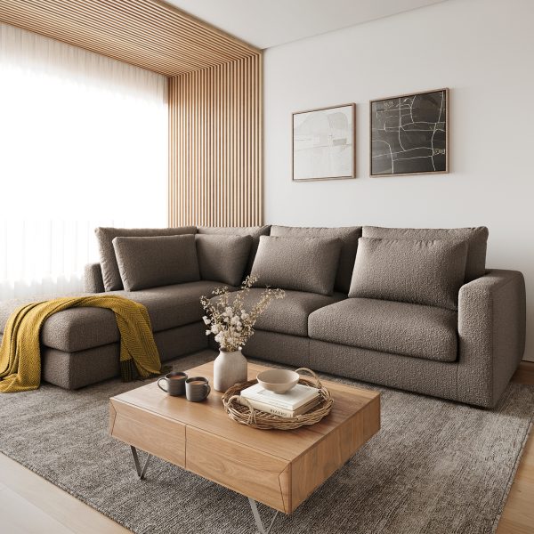 Rohová pohovka Isla 330×225 cm bouclé taupe levá