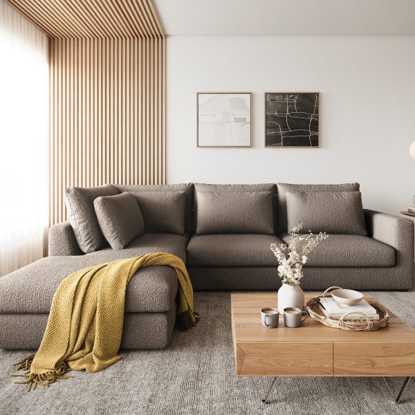 Rohová pohovka Isla 330×225 cm bouclé taupe levá