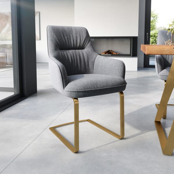Jídelní židle Zelia-Flex s područkou konzolová podnož plochá zlatá texturovaná tkanina světle šedá