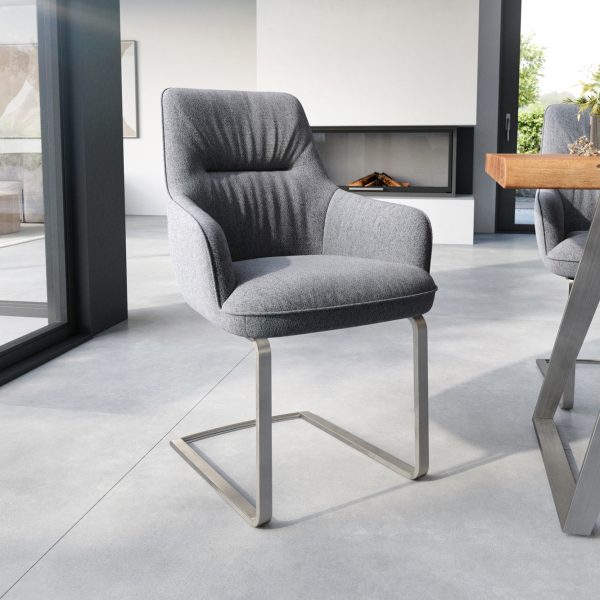 Jídelní židle Zelia-Flex s područkou konzolová podnož plochá nerezová ocel texturovaná tkanina světle šedá