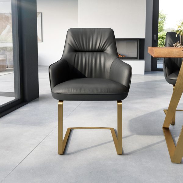 Jídelní židle Zelia-Flex s područkou konzolová podnož plochá zlatá pravá kůže černá