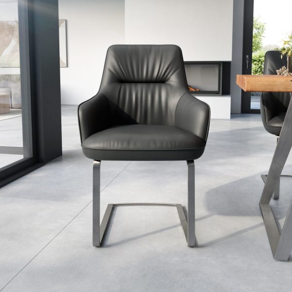 Jídelní židle Zelia-Flex s područkou konzolová podnož plochá nerezová ocel pravá kůže černá