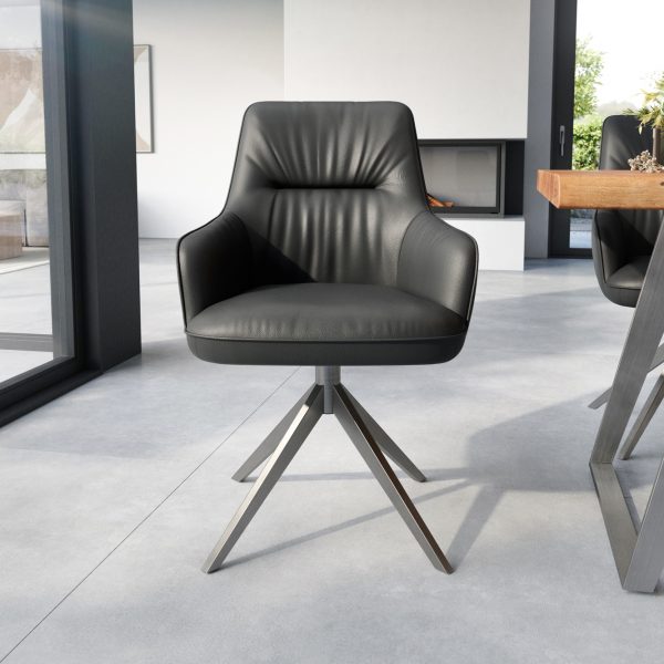Otočná židle Zelia-Flex s područkou křížová podnož široká otočná nerezová ocel pravá kůže černá 360°
