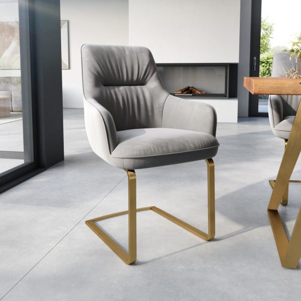Jídelní židle Zelia-Flex s područkou konzolová podnož plochá zlatá samet šedý