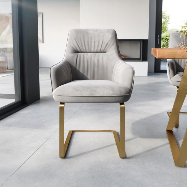 Jídelní židle Zelia-Flex s područkou konzolová podnož plochá zlatá samet šedý