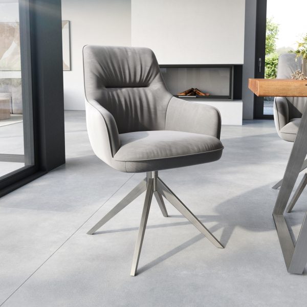 Otočná židle Zelia-Flex s područkou křížová podnož široká otočná nerezová ocel samet šedá 360°