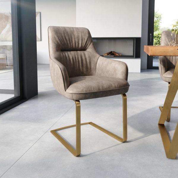 Jídelní židle Zelia-Flex s područkou konzolová podnož plochá zlatá mikrovlákno taupe