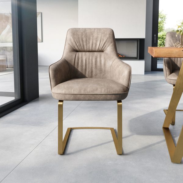 Jídelní židle Zelia-Flex s područkou konzolová podnož plochá zlatá mikrovlákno taupe