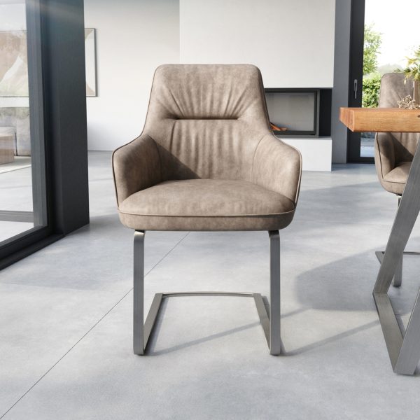 Jídelní židle Zelia-Flex s područkou konzolová podnož plochá nerezová ocel mikrovlákno taupe vintage